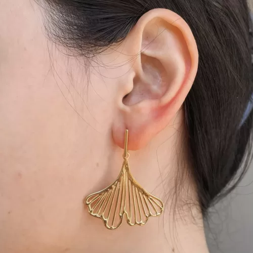 Arete de plata .925 con baño de oro Ginkgo Biloba-EPT227D - Diseño por Teresa González
