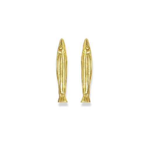 Arete de pez en plata .925 largo con rayas  baño de oro diseño minimalista con inspiración marina